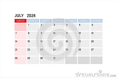 Calendar for July 2024. The week starts on Sunday. Vector Illustration